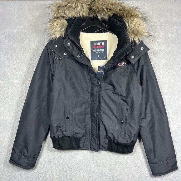 NWT HOLLISTER ALL WEATHER BOMBER JACKET COAT W/FAUX FUR BLACK WOMEN’S SIZE LARGE - Picture 1 of 12